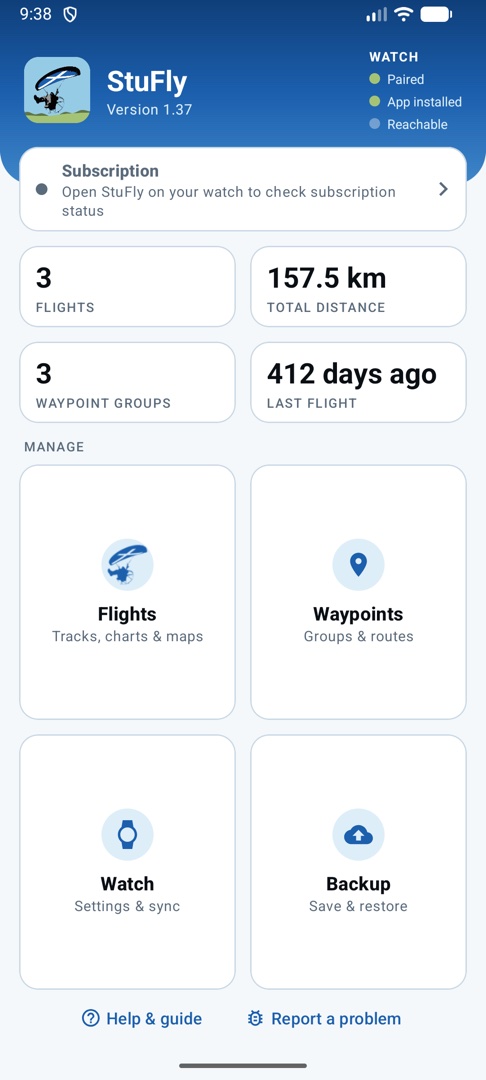 StuFly phone app home screen with flight totals and menu